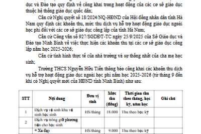 Về việc công khai các khoản thu dịch vụ phục vụ, hỗ trợ hoạt động giáo dục năm học 2025-2026